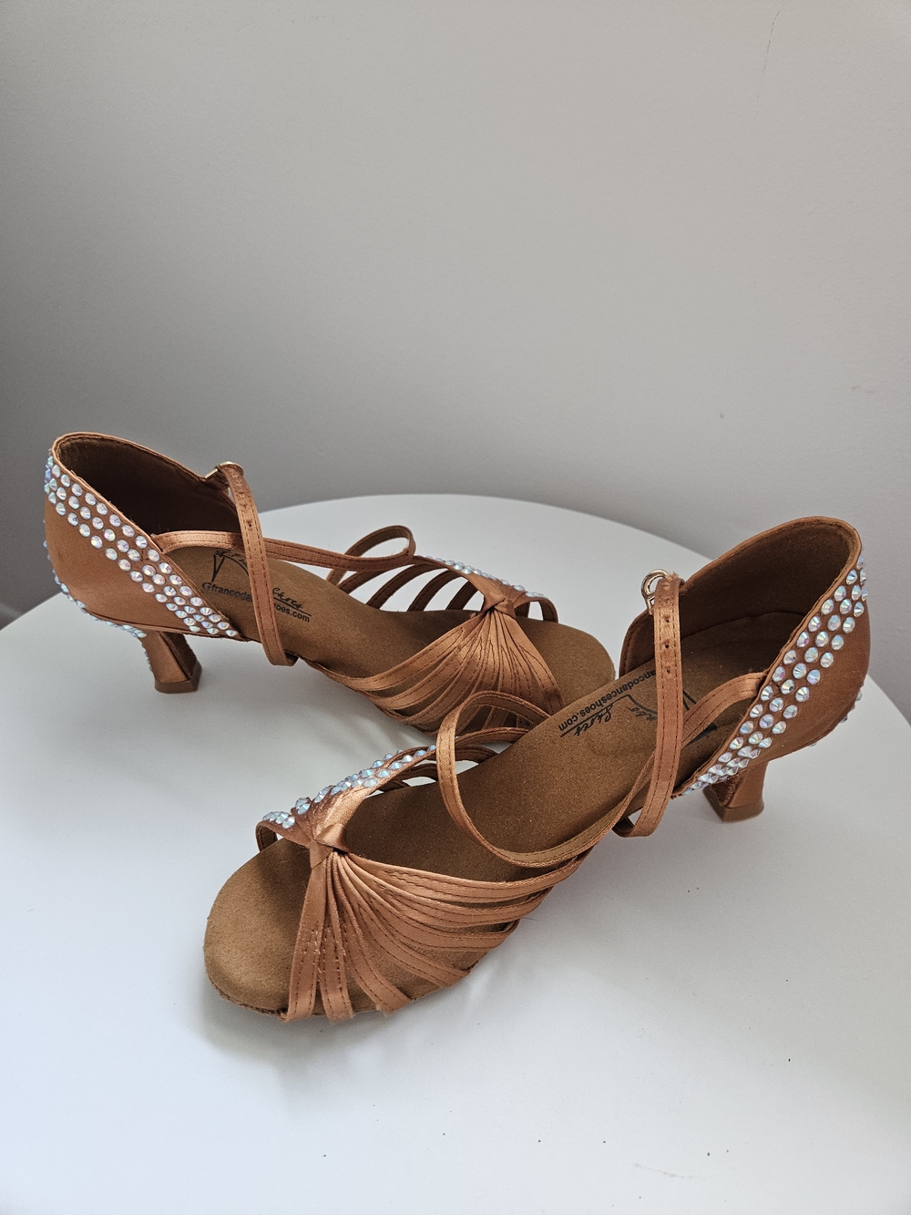 Copper Satin Dance Heels with Rhinestone Detail